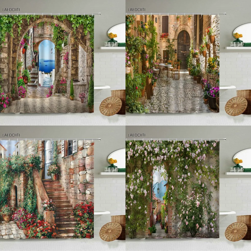 

Greek Retro Scenery Shower Curtain Green Plant Flower Vine Arched Garden Street Brick Wall Bathroom Waterproof Screen Home Decor