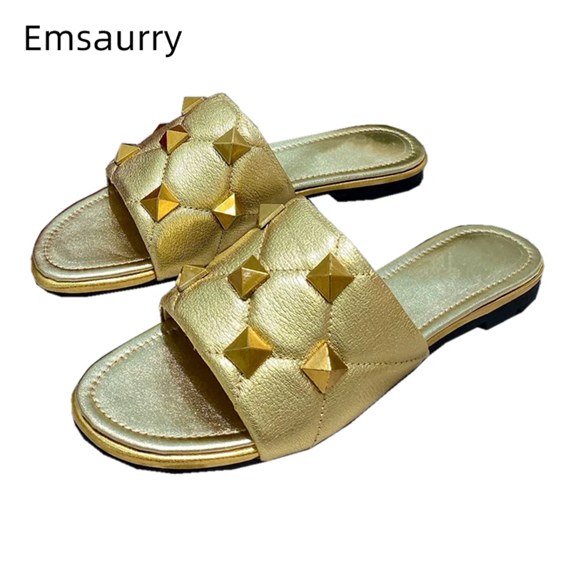 

Rivet Decor Genuine Leather Women's Slippers Flat Heel Sexy Open Toe Multicolor Concise Summer Slip-on Mules Lady