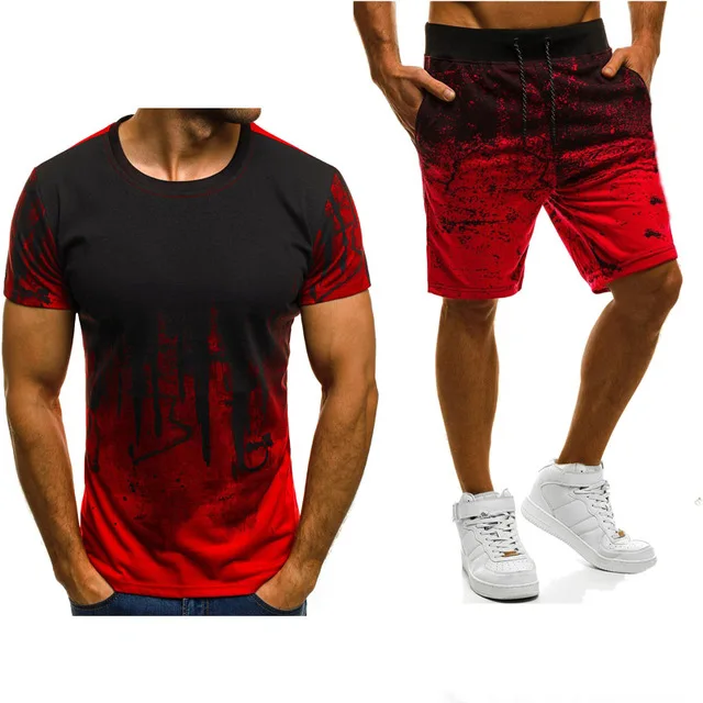 

New 2020 Summer Men's short sleeve Gradient Casual Fashion Simple atmosphere Cotton Crew neck T-Shirt Pants Suit 2Pcs
