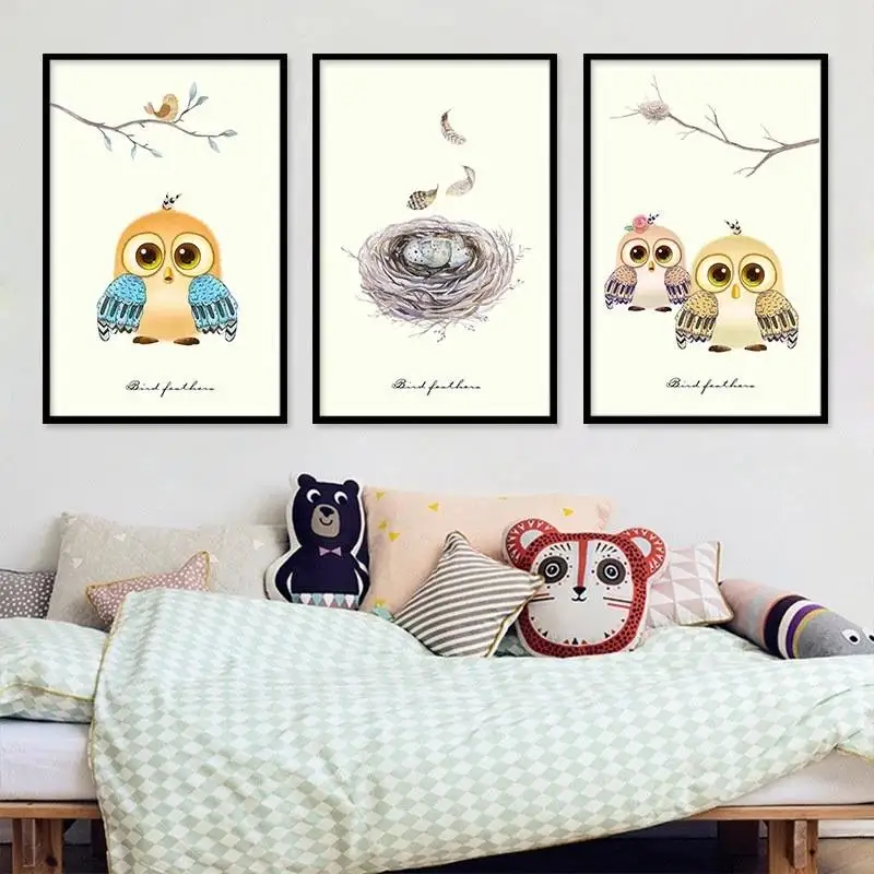 

Nordic Canvas Painting Cartoon Cute Owl Pictures Bird Feather Quote Modern Poster Nursery Wall Art Home Decoration For Kids Room