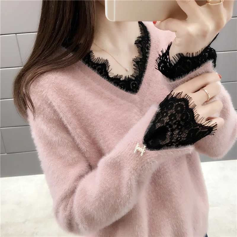 

Women Clothing Sweater Fashion V-neck Lace New Spring Fall Imitation Mink Velvet Pullovers Loose Knitting Jumper Femme Tops