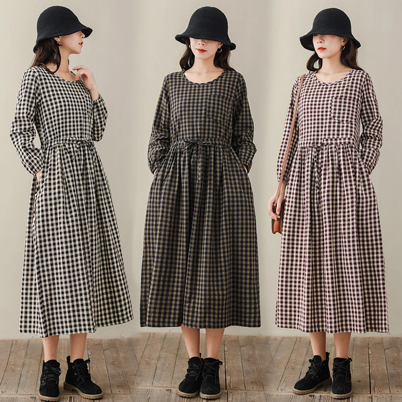 

Платье из хлопка и льна с вышивкой, с круглым вырезом