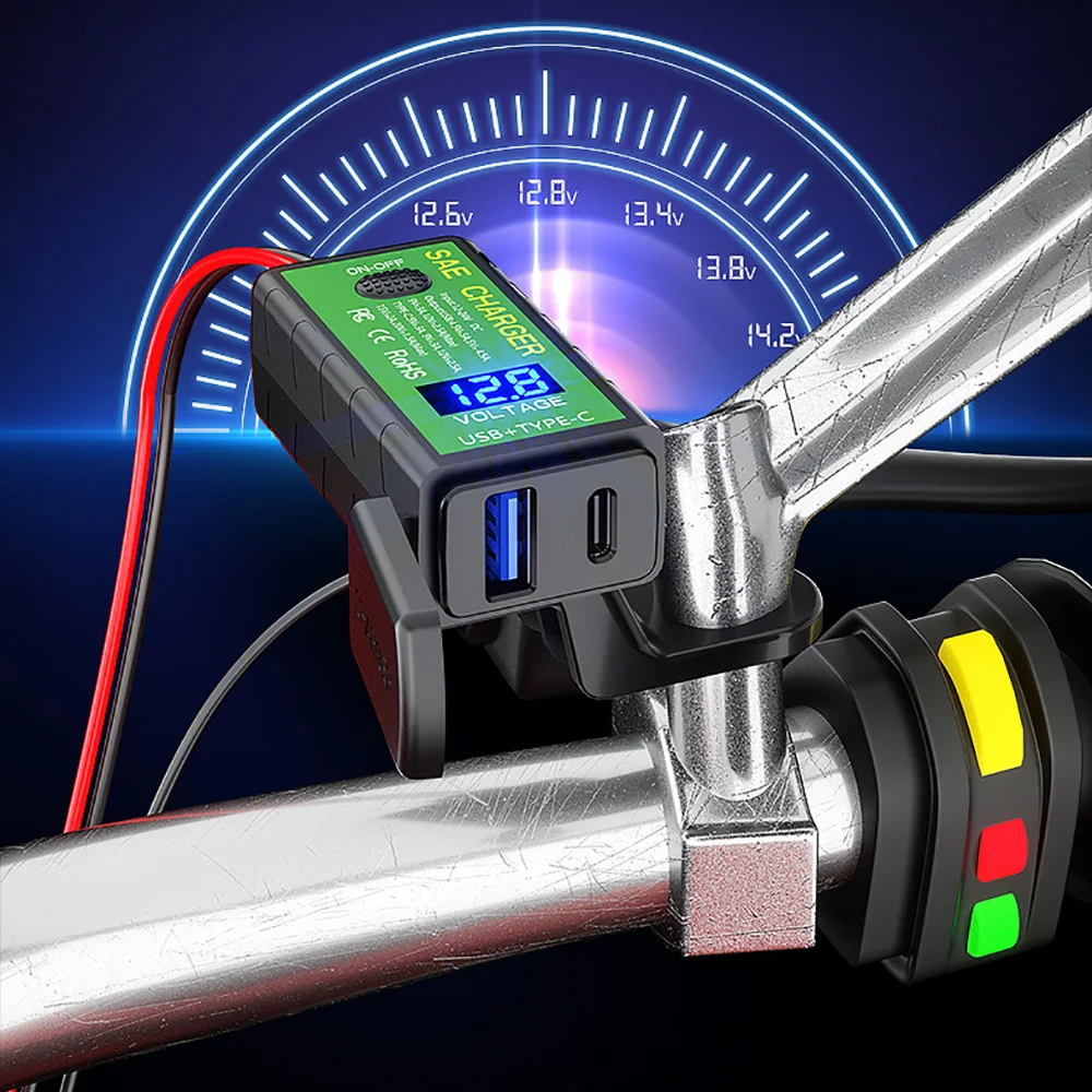 

YOSOLO For Phone 12V SAE to Dual USB Fast Charging Adapter Motorcycle USB Charger 3.1A/4.8A TYPE-C with Voltmeter On/Off Switch