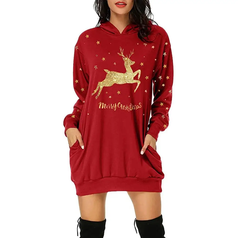

Autumn Winter Women's Sweatshirts Dress Fashion Christmas Print Bag Hip Pocket Hoodie Dress Casual Loose Mini Dresses Vestidos
