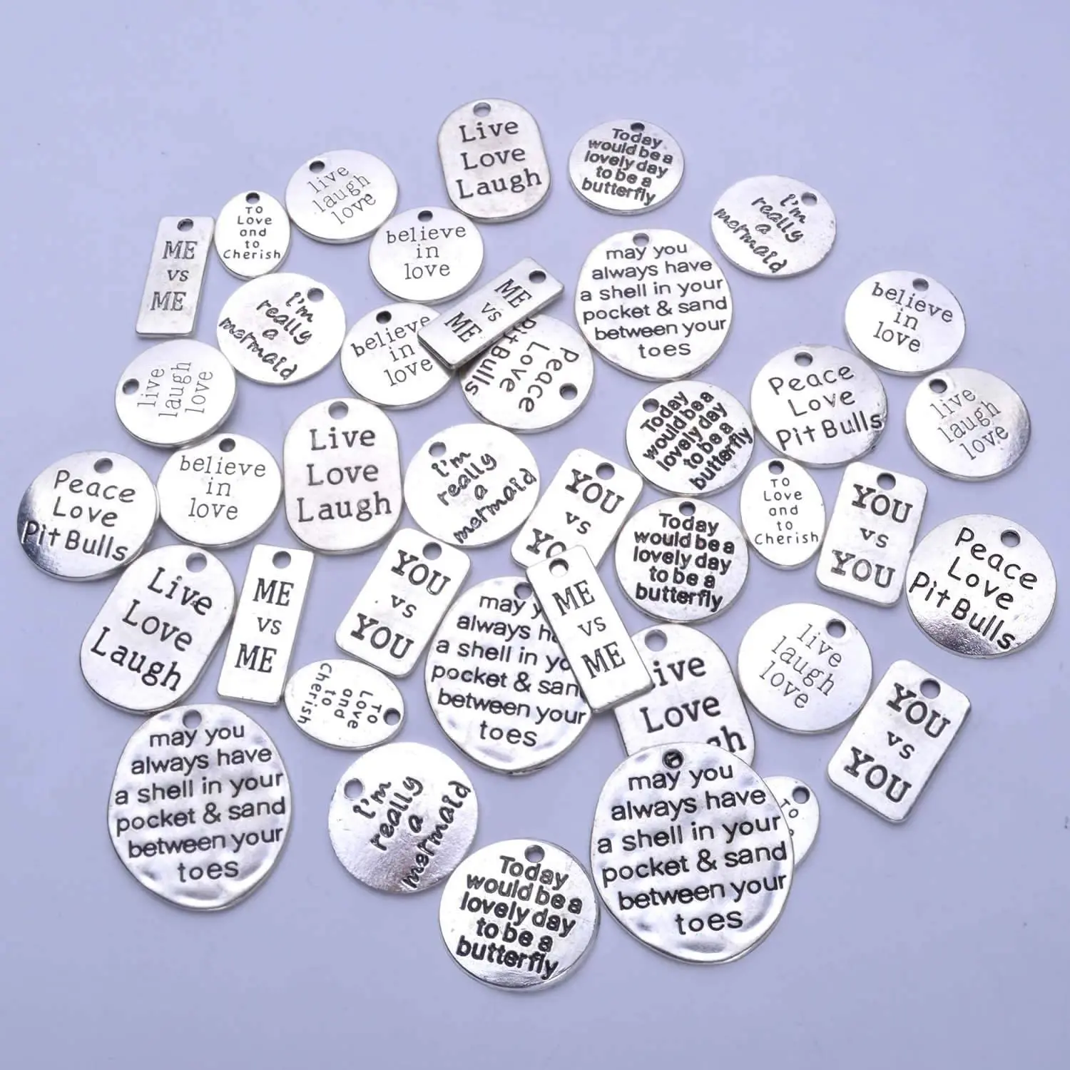 

40pcs 10 Styles Silver Plated Inspirational Word Charms Alloy Engraving Word Pendants Craft Supplies for DIY Jewelry Making