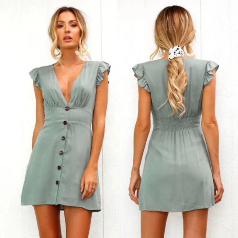 

Women's Sexy Holiday Sleeveless Deep V-neck Button Ruffles Casual Evening Party Short Mini Dress Tops