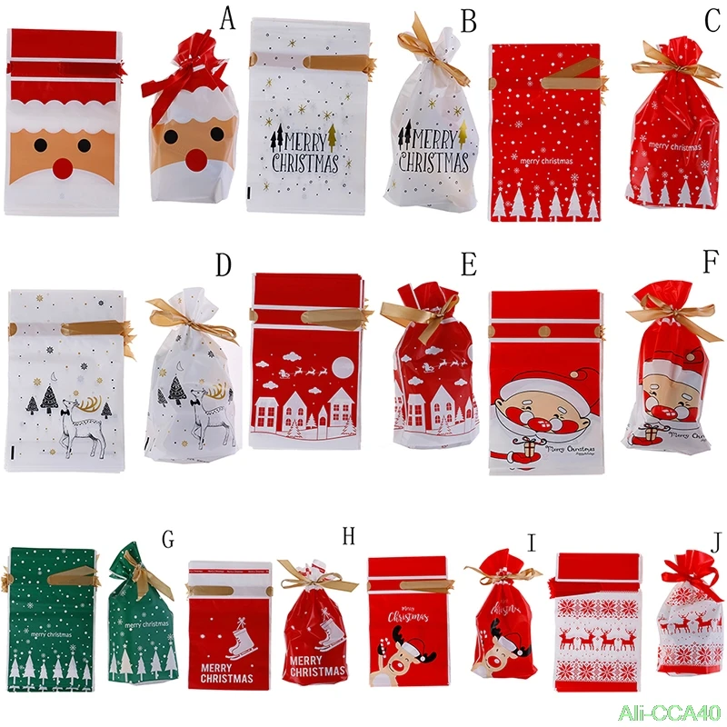 

10pcs Christmas Plastic Candy Bags Santa Claus Elk Candy Sweet Treat Bags Xmas New Year Biscuit Bags Gift