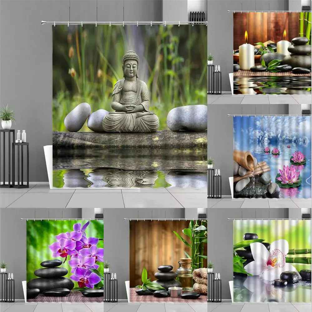 Zen Shower Curtain Buddha Statue Lotus Purple Flowers Green Bamboo Flowing Water Zens Stone Scenery Bath Curtains Home Spa Decor