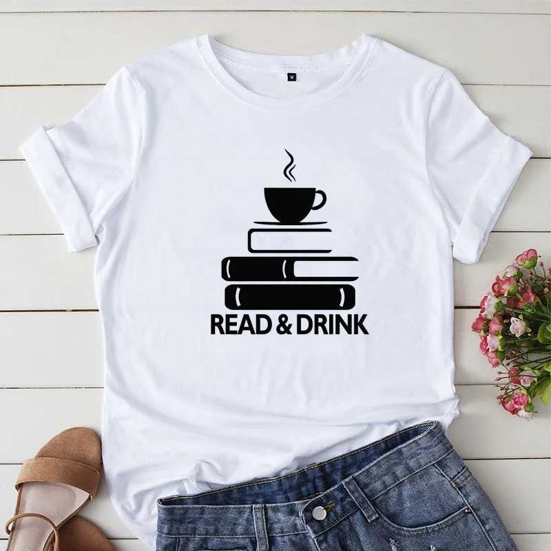 

Read and Drink Coffee Book Lovers Women Short Sleeve Causal Tops O-neck Tshirt jy514