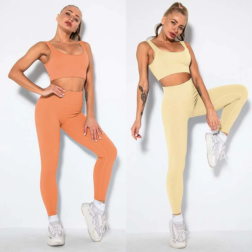

Seamless Gym Sets Fitness Sports Suits Womens Clothing High Waist Leggings+Push Up Bra 2 peice Yoga Set Running Sportswear