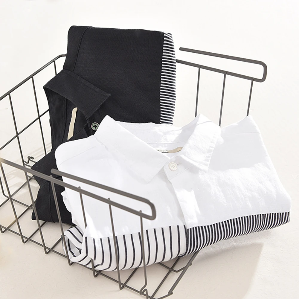 White Full Sleeve Patchwork Cotton Linen Shirts For Men Summer New Fashion Lapel Casual Top Male Shirt Stripe Men Shirt