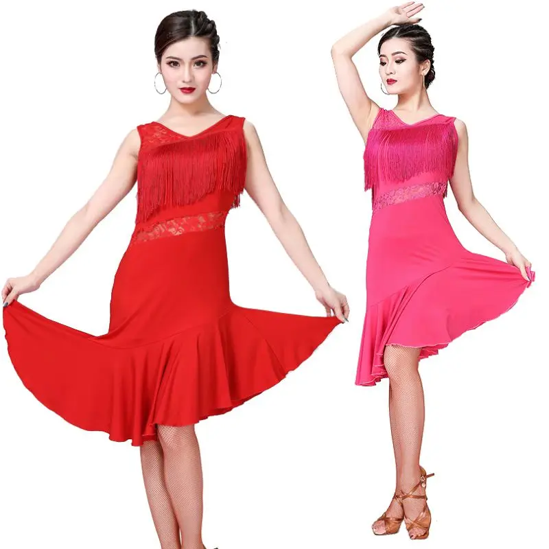 

Latin Dance Skirt Lace Vest V-Neck Sleeveless Fringed Latin Fashion Dance Skirt Performance Exercise Clothes