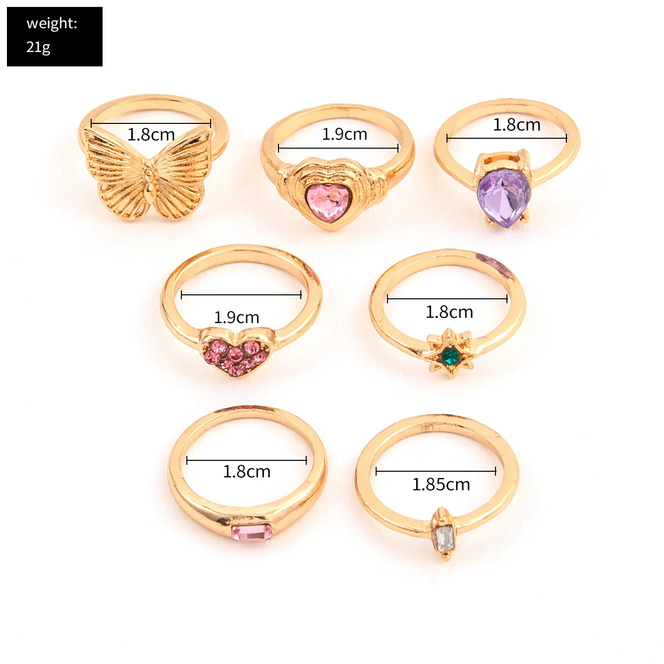 Sindlan 7Pcs Y2k Butterfly Gold Color Rings for Women Kpop Cute Multi Crystal Heart Vintage Fashion Jewelry Anillos Mujer - купить по