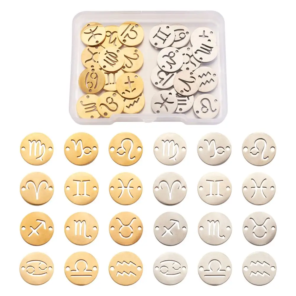 

24pcs/box Mixed Constellation Titanium Steel Links Connectors Flat Round Golden&Stainless Steel Color Links DIY Jewelry Findings