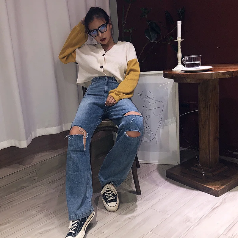 

2021 Spring and Summer Women's Newest Street Style Blue Color Women's Jeans Ripped Loose High-rise Wide-leg Jeans