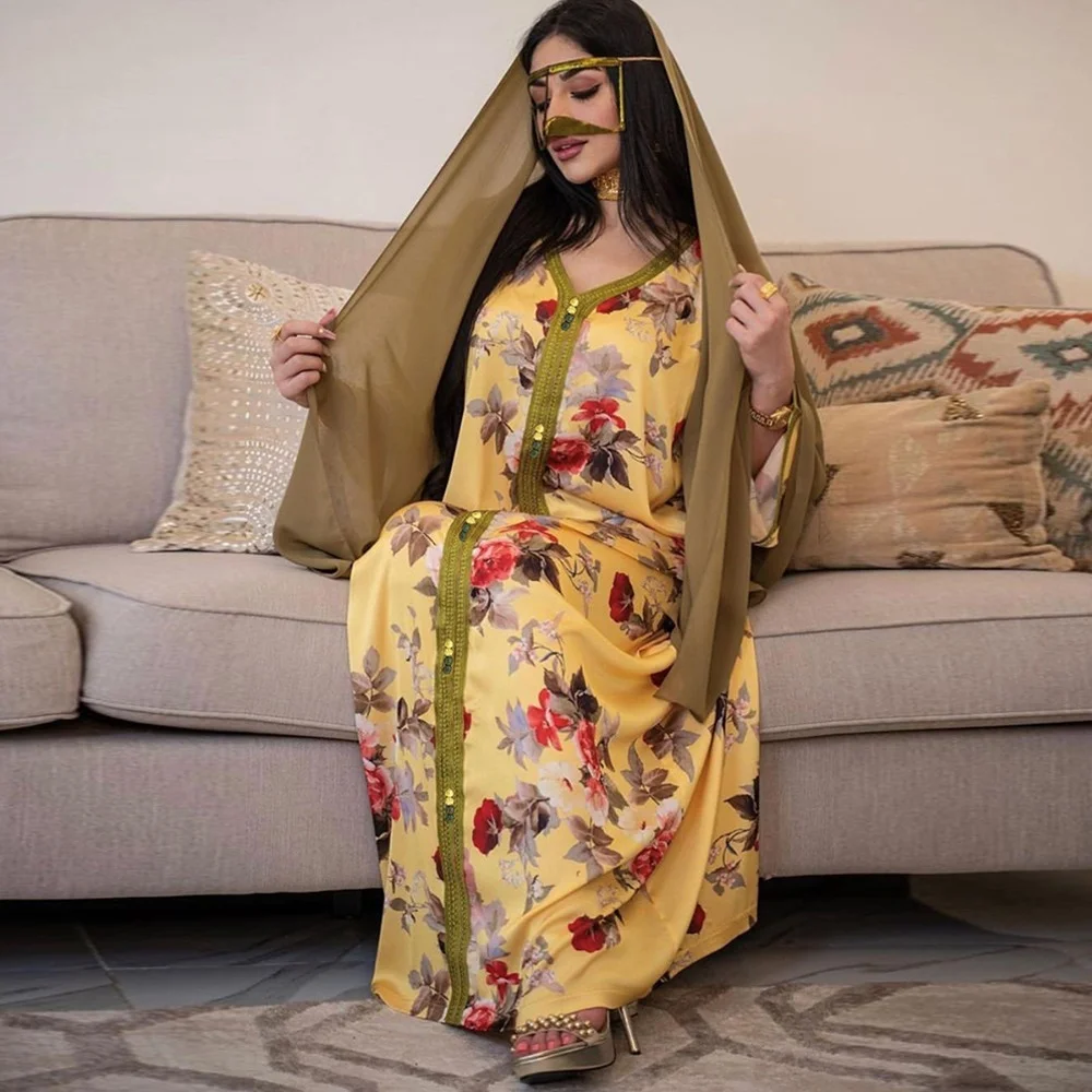 

Eid Ramadan Elegant Ethnic Floral Maxi Dress For Women Robe Loose Muslim Jalabiya Long Sleeve Arabic Oman Dubai Islamic Clothing