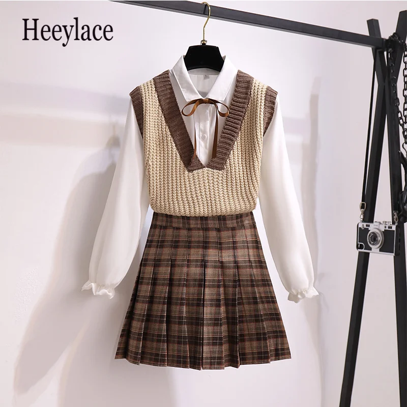 2022 Autumn Casual Three Pices Set Sweater Vest+ Long Sleeve White Blouse+ A Line Plaid Mini Skirt Student Style Sweet Suits
