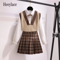 2021 autumn casual three pices set sweater vest long sleeve white blouse a line plaid mini skirt student style sweet suits