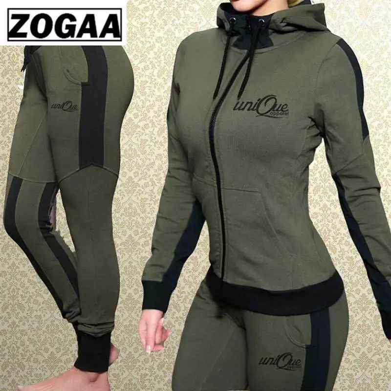 

Женский комплект из двух предметов ZOGAA, однотонный Облегающий топ на молнии с капюшоном и спортивные штаны, повседневный спортивный костюм, ...