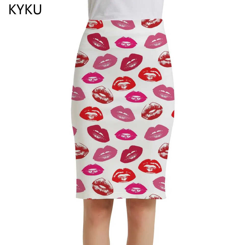 

KYKU Lips Skirts Women Colorful Elegant Sexy Print Skirt Ladies Skirts Womens summer Casual Fashion Knee Length