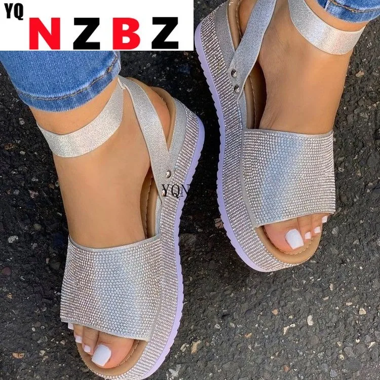 

New Fashion Rhinestones Wedge Sandals Women Summer High Heels Platform Shoes Woman Thick Sole Black White Chunky Sandals