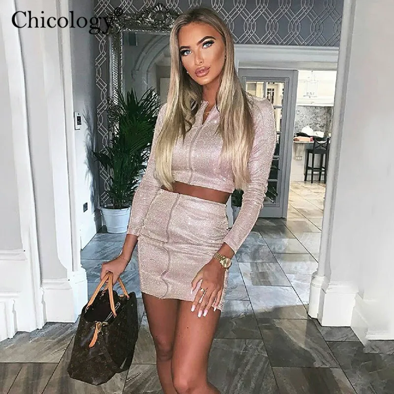 Chicology Блестящий сияющий 2 из двух частей комплект набор женское с длинным рукавом