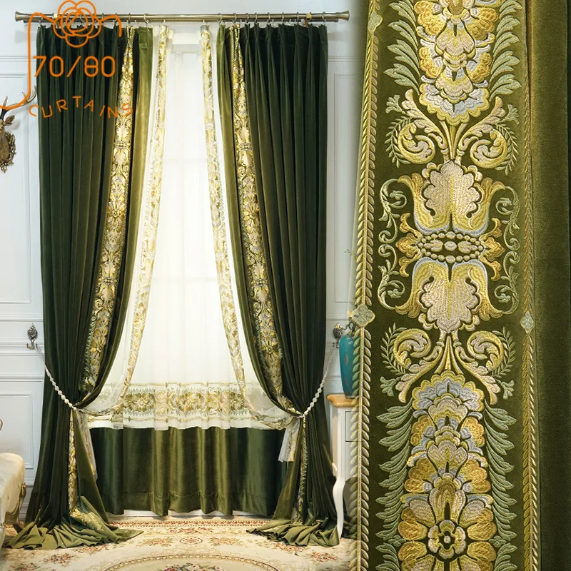 High-end American Dark Green Embroidery Floral Velvet Blackout Curtains for Living Room and Bedroom Customized Products