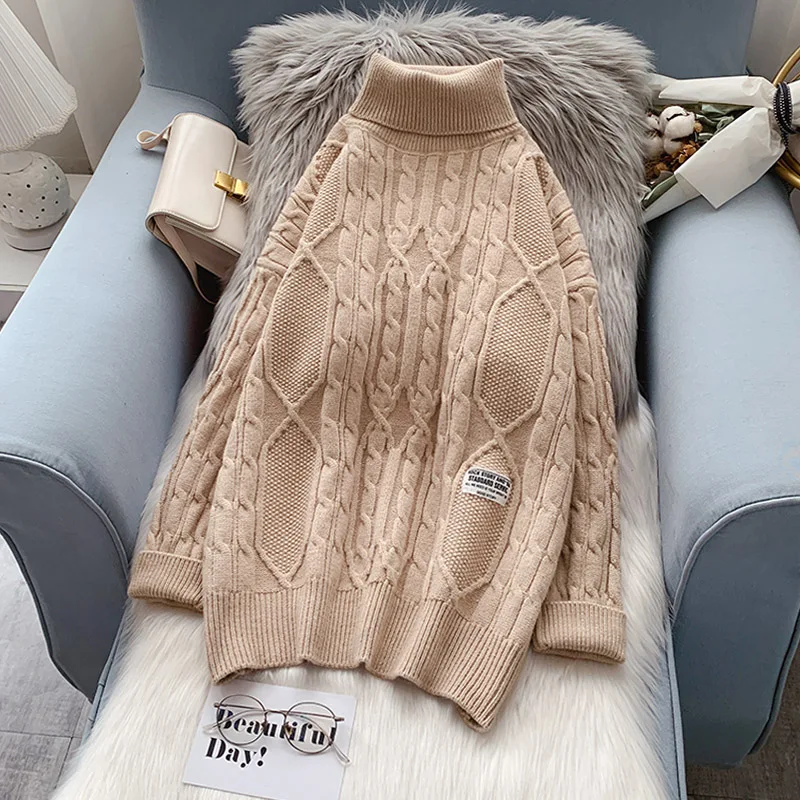 

EBAIHUI Woman Sweaters Solid Color Twist Women's Turtleneck Jumper Vintage Knitted Chic Thick Loose Thick Warm Winter Sweater