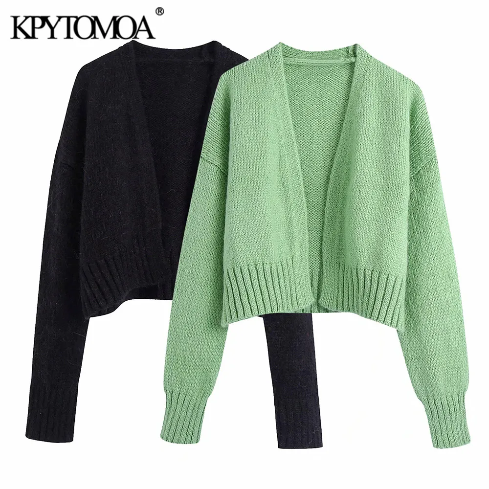 

KPYTOMOA Women 2021 Fashion Loose Cropped Knit Cardigan Sweater Vintage Long Sleeve Ribbed Trims Female Outerwear Chic Tops