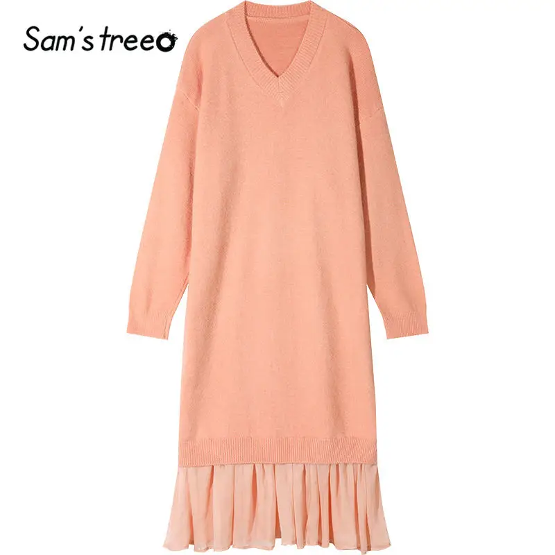 SAM'S TREE Черный однотонный минималистичный стиль Вязаный Пуловер женское платье зима розовый чистый шифон пэчворк повседневные женские платья