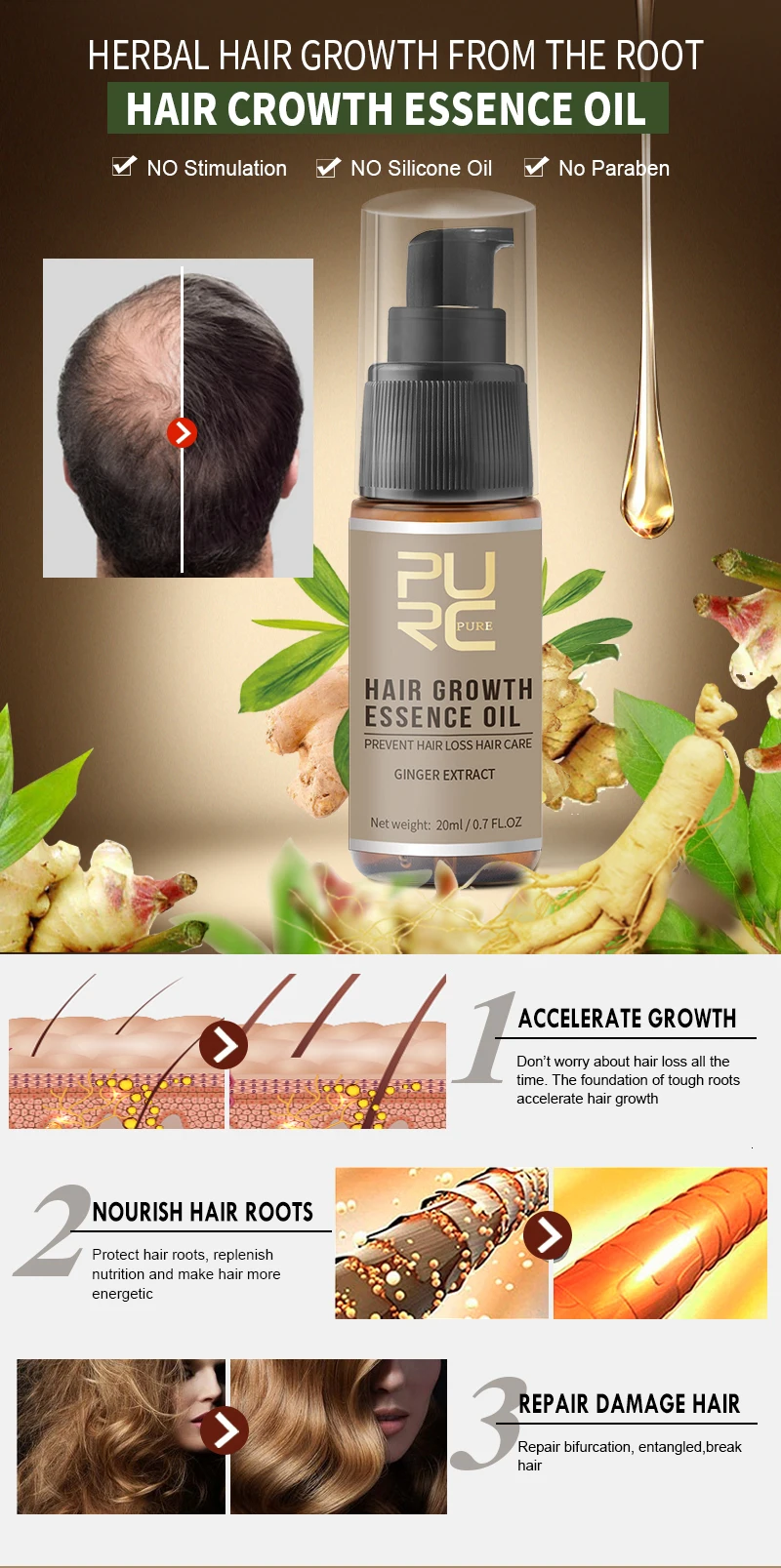 Purc Fast Growth Hair Essence Essential Oil Liquid Treatment Preventing Hair Loss And Hair Grwoth Spray Hair Care