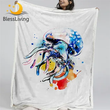BlessLiving Jelly Throw Blanket Fish Watercolor Plush Bedspread Colorful Underwater Wildlife Linen Blanket Ocean Bedding Koce 1