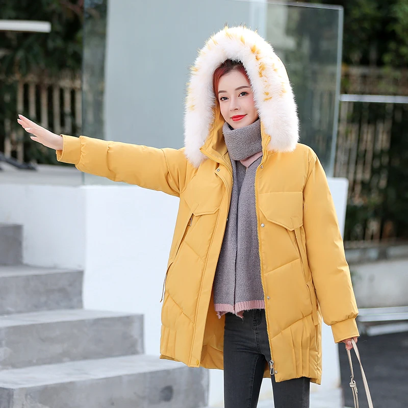 

KUYOMENS Autumn Gloosy Parka Coat Fashion Pocket Winter Jacket For Women 2021 New Solid Casual Hooded Parka Coat With Fur Collar