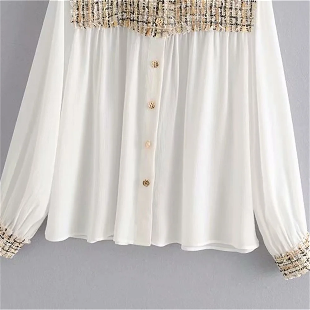 

2020 summer women's new French retro lapel long-sleeved front buttoned shirt twill tweed contrast stitching shirt