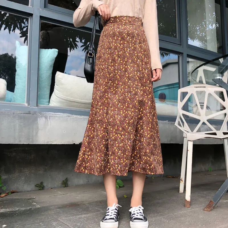 Винтажная Вельветовая осенне-Весенняя женская юбка-Русалка с цветочным принтом