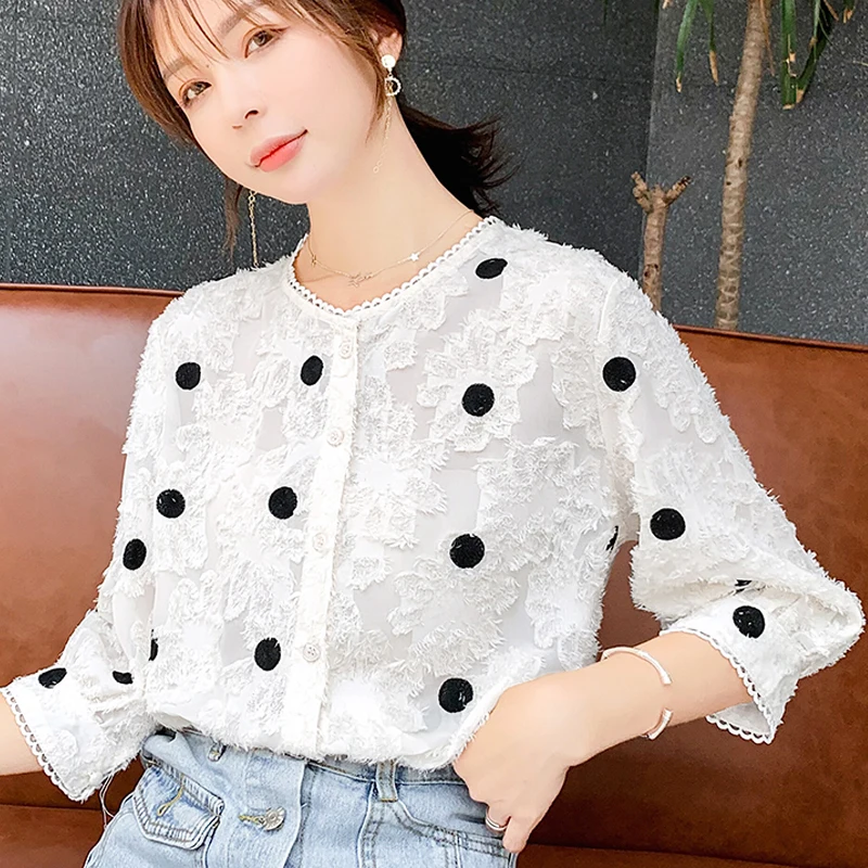 Новая мода женские повседневные блузки с рукавом коротким и круглым вырезом в горошек, однобортная женская элегантная одежда, женские топы 5476 50