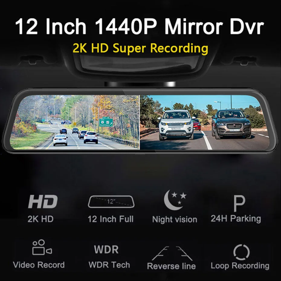QUIDUX 12 дюймовый автомобильный Зеркало заднего вида DVR 2K Разрешение Dash cam Hisilicon
