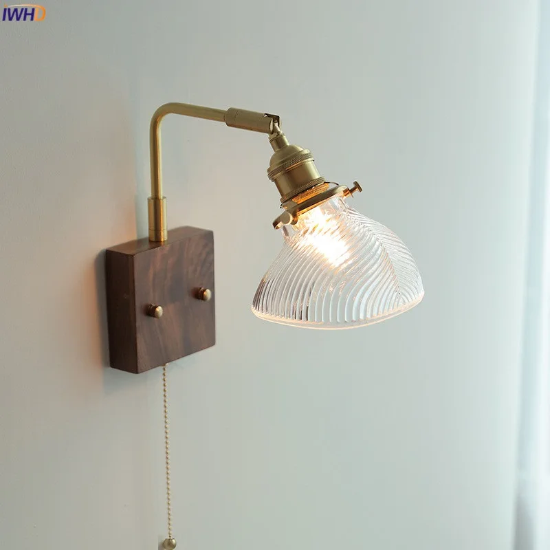 IWHD Clear Glass LED Wall Lights Fixtures Home Lighting Pull Chain Switch Copper Left Right Rotate Modern Nordic Wall Lamp