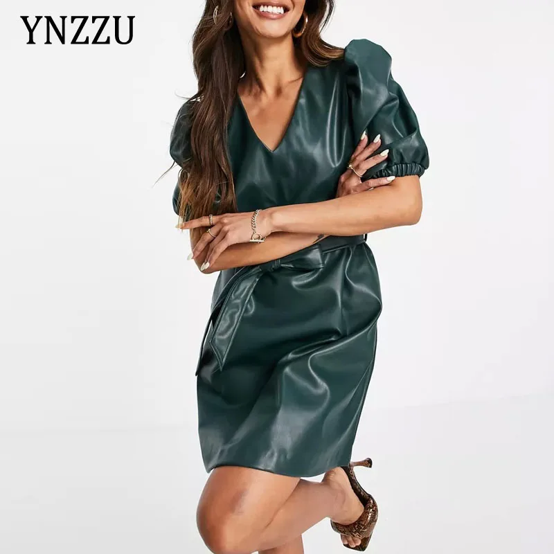 

Sexy Women's Faux leather Dress With Belt Spring Fall Fashion Green V-neck Puff sleeve Female PU Mini dresses 2022 INKEO 1D095