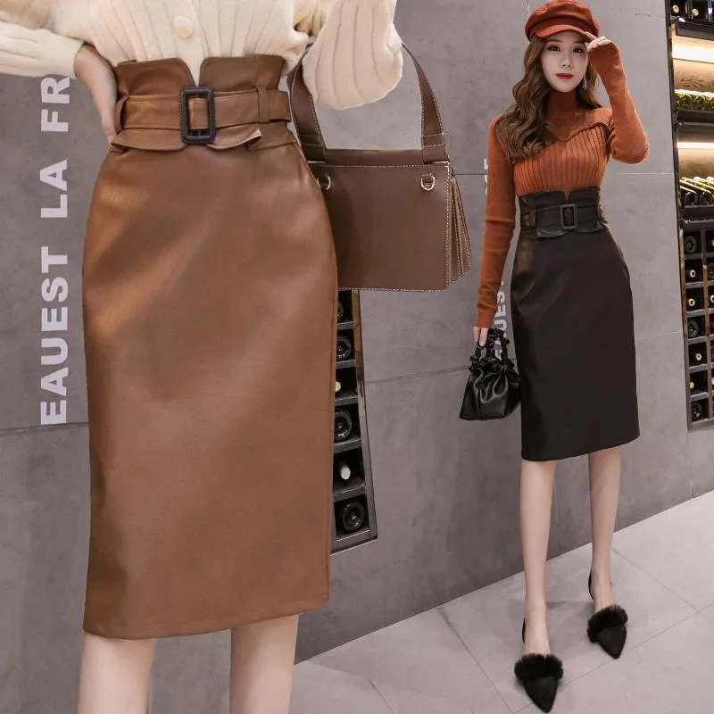 Элегантные офисные миди юбки с высокой талией весна осень ремнем и разрезом из