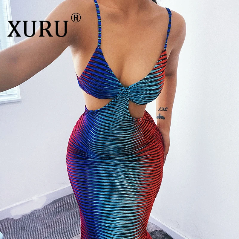 

XURU European and American Style Color Bag Hip Dress New Sexy Show Chest Hollow Dress Club Party Women's Dress