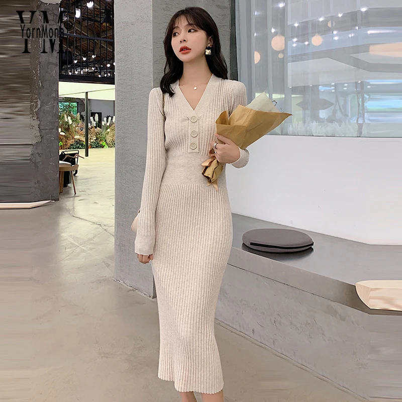 Женское платье новинка 2019 Осень зима v образный вырез длинный рукав бодикон