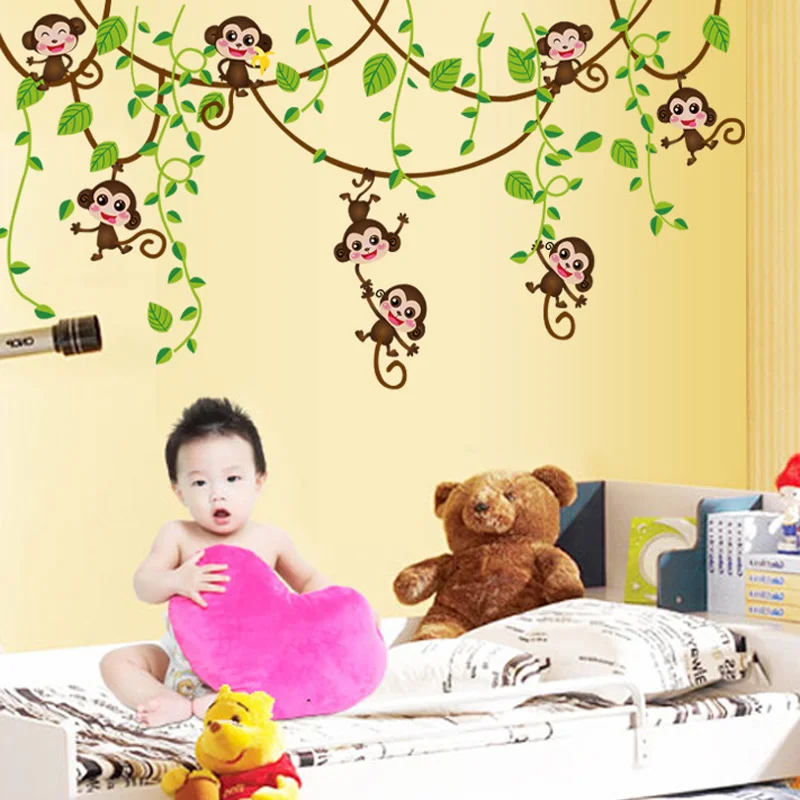

Cute mini monkeys Wall Stickers for kids room Art Decals Vinyl 3D animals plants Wallpaper sticker bedroom nursery home decor