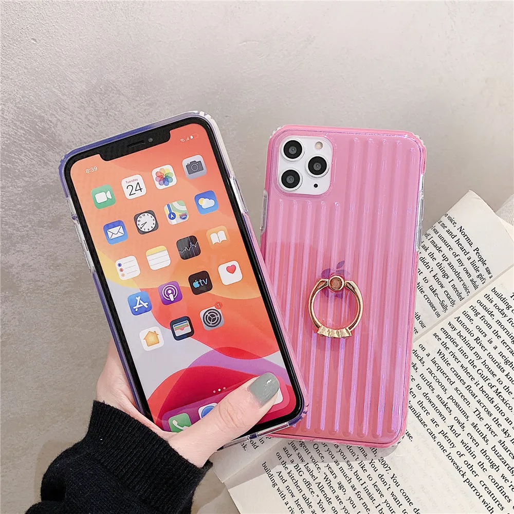 FLYKYLIN Laser Solid Color Ring Holder Phone Case For iPhone SE 2020 11 Pro Max XR XS 7 8 Plus Stripe Texture Soft IMD Cover |