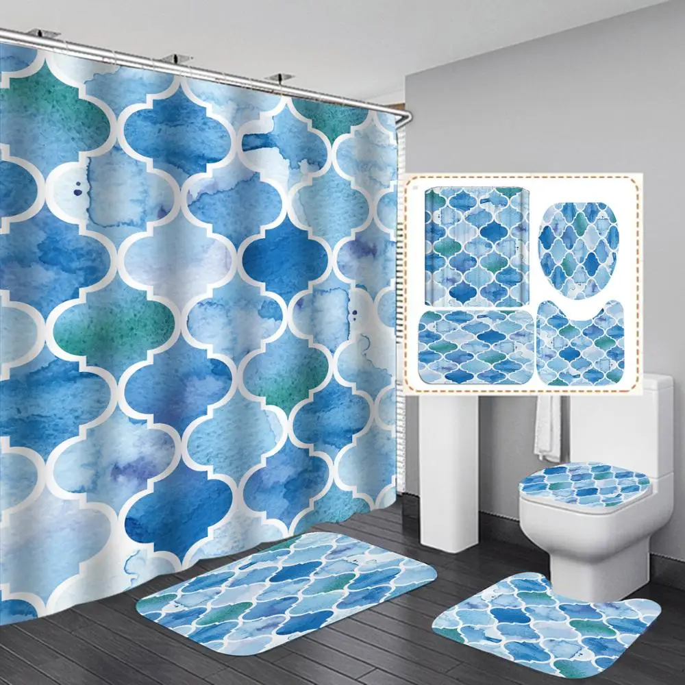 

4 PCS Blue Fish Scales Shower Curtains Set Soft Comfortable Toilet Non-slip Bathroom Mat Fish Scale Pattern Shower Curtain