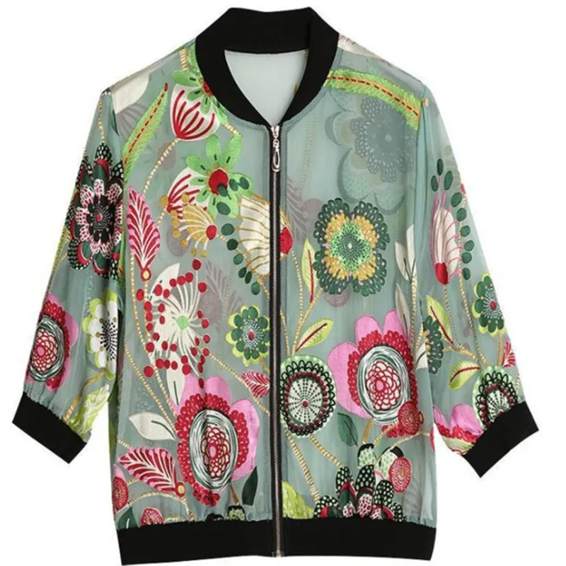 

Women Summer Thin Chiffon Jacket 2021 New Fashion Three Quarter Sleeve Floral Print Zipper Coat Lightweight Outwear 5XL Plus