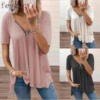 feogor 2021 summer new style womens sexy v neck zipper short sleeved solid color t shirt top summer casual womens clothing