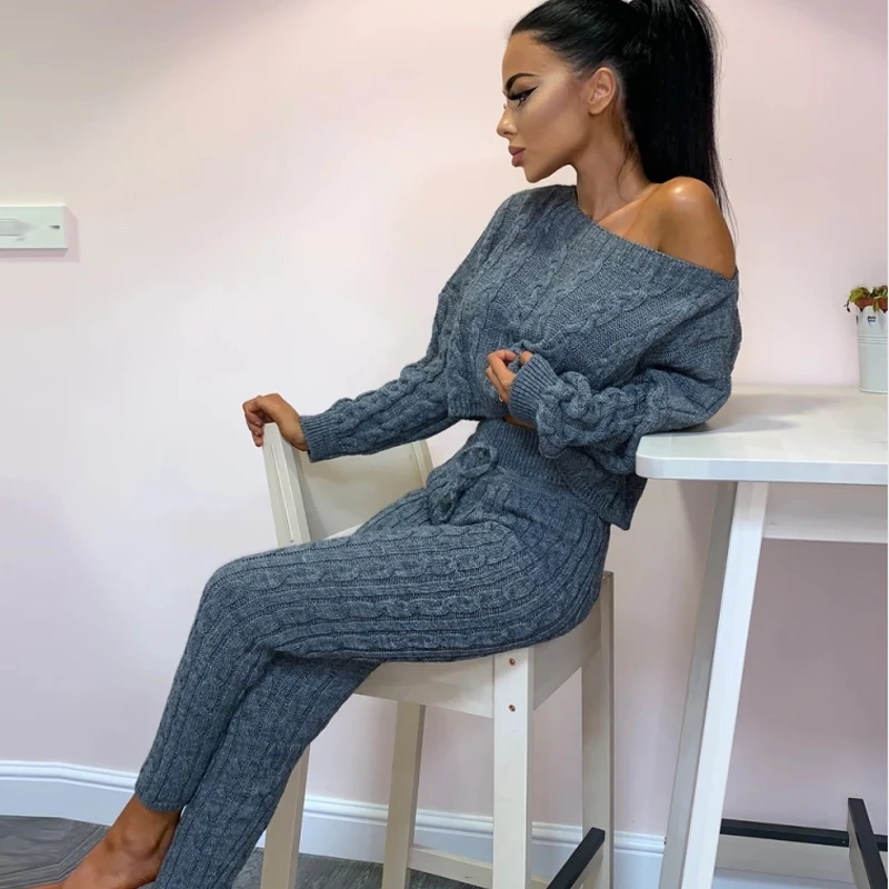 Хлопковый женский спортивный костюм из 2 предметов свитер топ + штаны Трикотажный