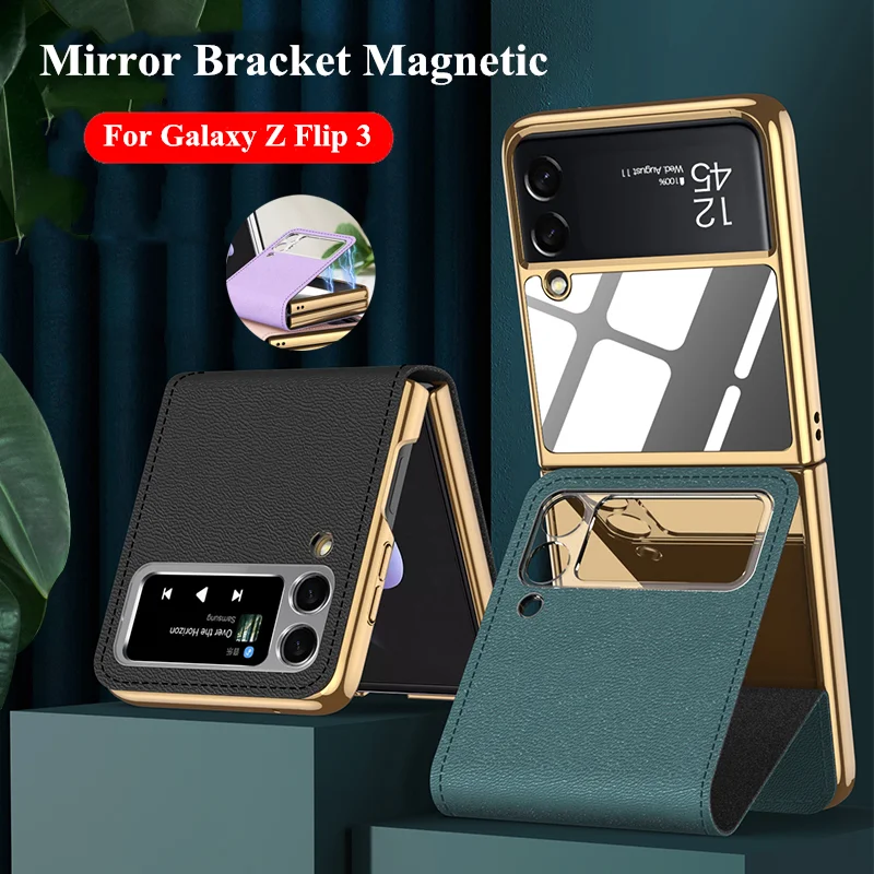 

Magnetic Holder Mirror Case for Samsung Galaxy Z Flip 3 5G Plating Leather Flip Case Cover With Beauty makeup mirror