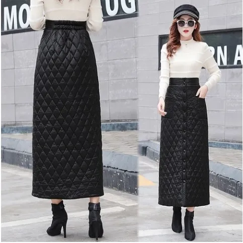 2020 толстые теплые пуховые юбки женские с высокой талией А-линия черная Макси